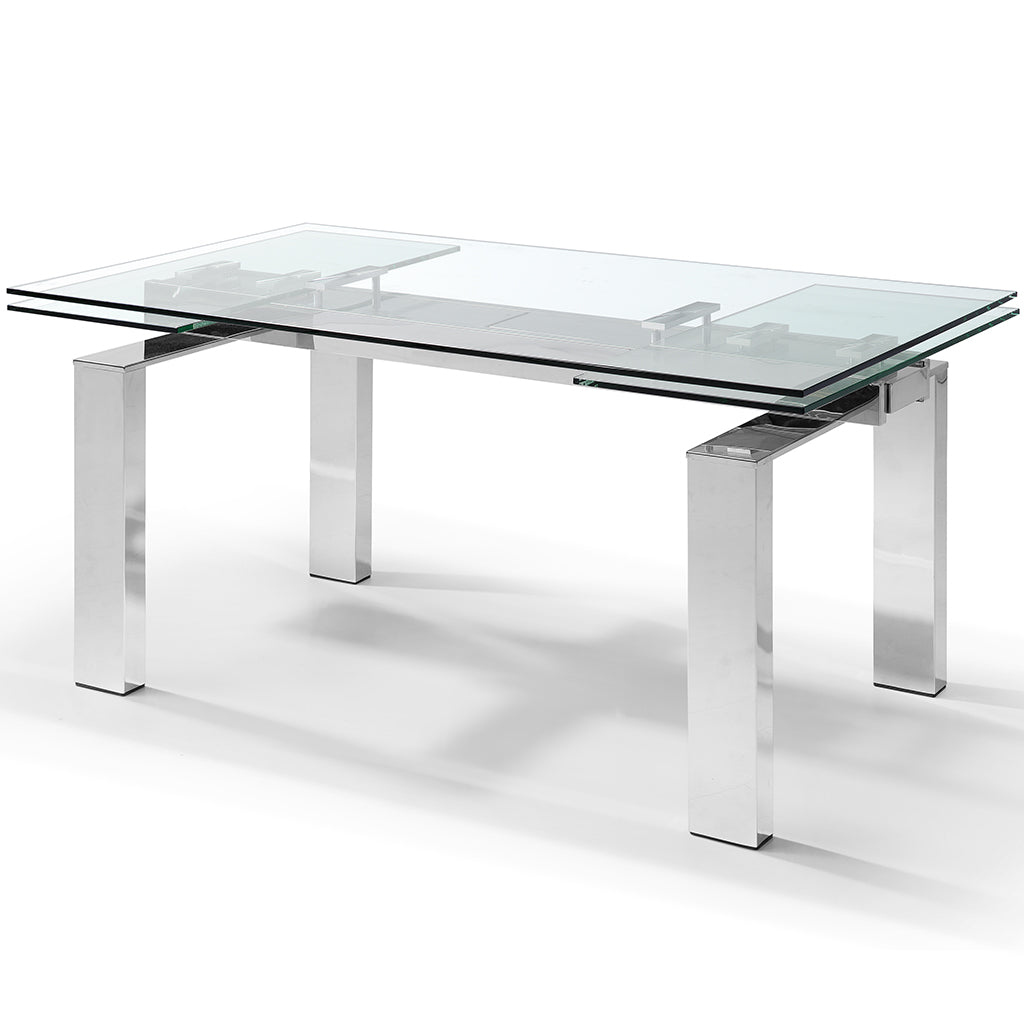 Cuatro | Extendable Rectangular Dining Table, Tempered Glass Table Top, Stainless Steel Base, DT1234  Brand: Whiteline Modern Living  Size: 63inW x 35inD x 30inH; Extended: 98inW x 35inD x 30inH Weight: 272lb, Shape: Rectangular Material: Top: 1/2" Tempered Clear Glass, Aluminum plates, Base: Stainless Steel;  Seating Capacity: Seats 6-8 people; Color: Stainless Steel Color