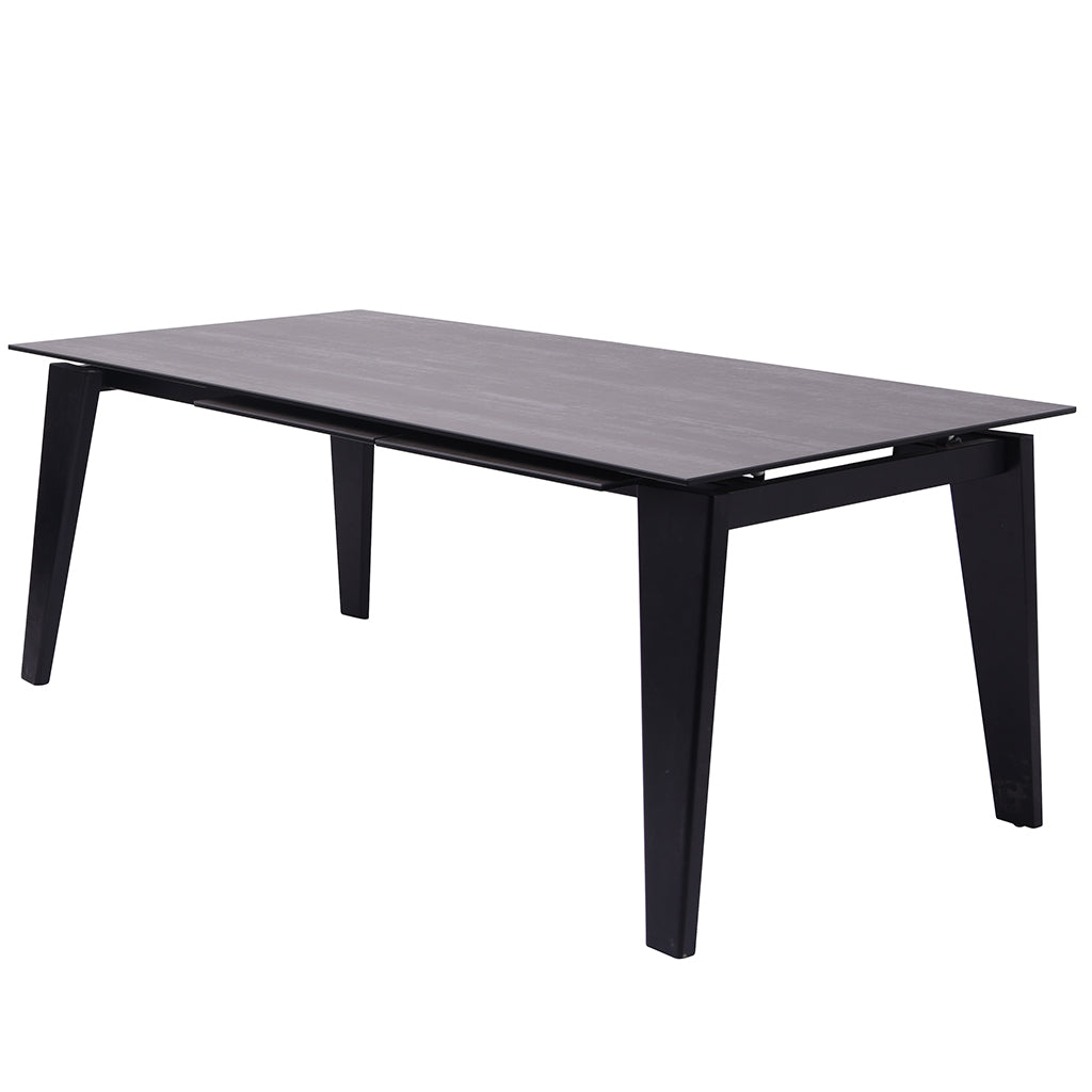 Theo | 10 Seater Dining Table, Adjustable Dining Table, Rectangular, Glass & Ceramic Top, Birch Wood Legs, DT1718-BLK Size: 71inW x 39inD x 30inH; Extended: 110inW x 39inD x 30inH Weight: 152lb; Shape: Rectangular Material: Top: Glass & Ceramic; Legs: Birch Wood Seating Capacity: Seats 8-10 people; Color: Black Color