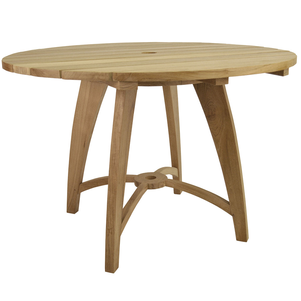 47" Standard Slat Wooden Table, Round, Teak Wood Outdoor, TB-120FN Brand: Anderson Teak  Size: 47inW x 47inD x 31inH; Weight: 70lb; Shape: Round; Material: Teak Wood  Seating Capacity: Seats 2-4 people ; Color: Neutral teak color; light wood  