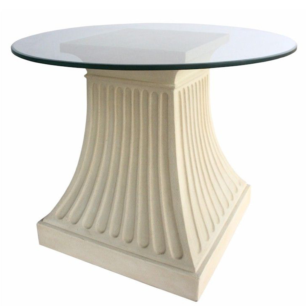 Fluted Glass Top Entry Table Round, Stone Base, TB-G2428-36 Brand: Anderson Teak, Size: 36inW x 36inD x 29.5inH, 24inW x 24inD (Base), Weight: 145lb, Shape: Round, Material: Base: Limestone, Top: 3/8" thick glass