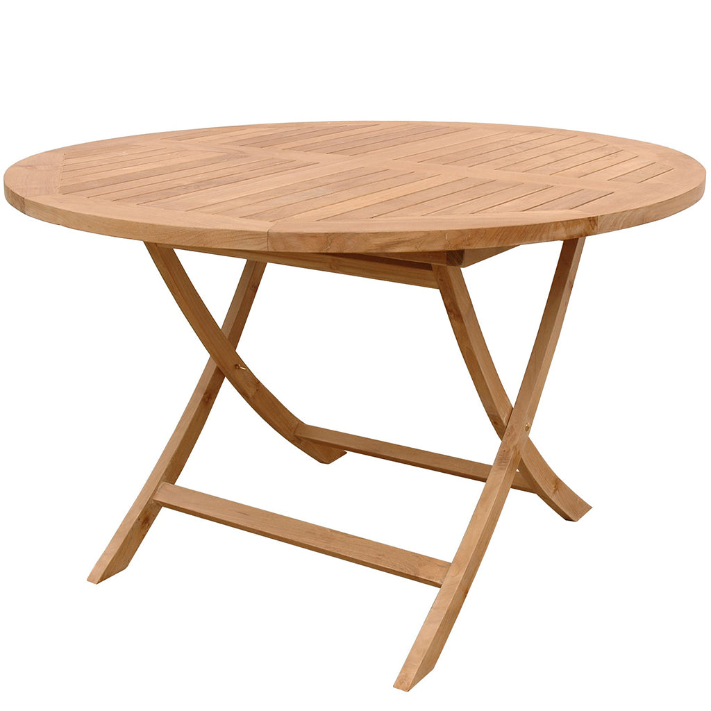 47" Round Teak Table Outdoor Folding Table, Easy To Carry Brand: Anderson Teak; Size: 47inW x 47inD x 29inH Weight: 85lb; Shape: Round; Material: Teak Wood Seating Capacity: Seats 2-4 people; Color: Neutral teak color; light wood, TBF-047R