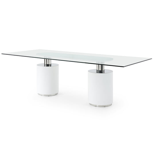 Mandarin | Modern Marble Dining Table, Extendable Glass Top, DT1660-WHT Size: 94inW x 39inD x 30inH; Weight: 372lb; Shape: Rectangular; Material: Top: 1/2" Tempered Glass; Base: Marble with Polished Stainless Steel Legs; Seating Capacity: Seats 6-8 people; Color: White Base