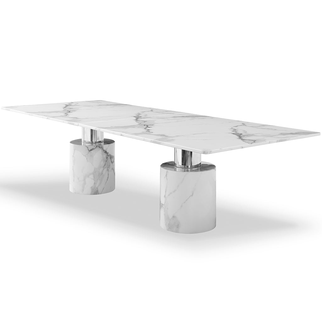 White Marble Table, Rectangular, White Marble Glossy Top, Steel Legs Brand: Whiteline Modern Living Size: 120inW x 48inD x 30inH; Weight: 982lb; Shape: Rectangular Material: Top: White Marble; Base: Marble with Polished Stainless Steel Legs Seating Capacity: Seats 6-8 people; Color: White, DT1640-WHT