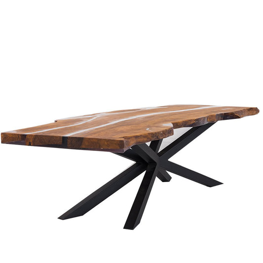 Resto | Live Edge Resin Table for 10, Hornbeam Filled With Polymer Resin, MHM007 Brand: Maxima House Size: 111inW x  42.1inD x  29.5inH, Weight: 471lb, Shape: Rectangular, Live Edge Material: Top: Solid Hornbeam Wood filled with Polymer Resin, Legs: Metal  Seating Capacity: Seats 8-10 people, Color: Top: Natural Wood Color, Base: Black 