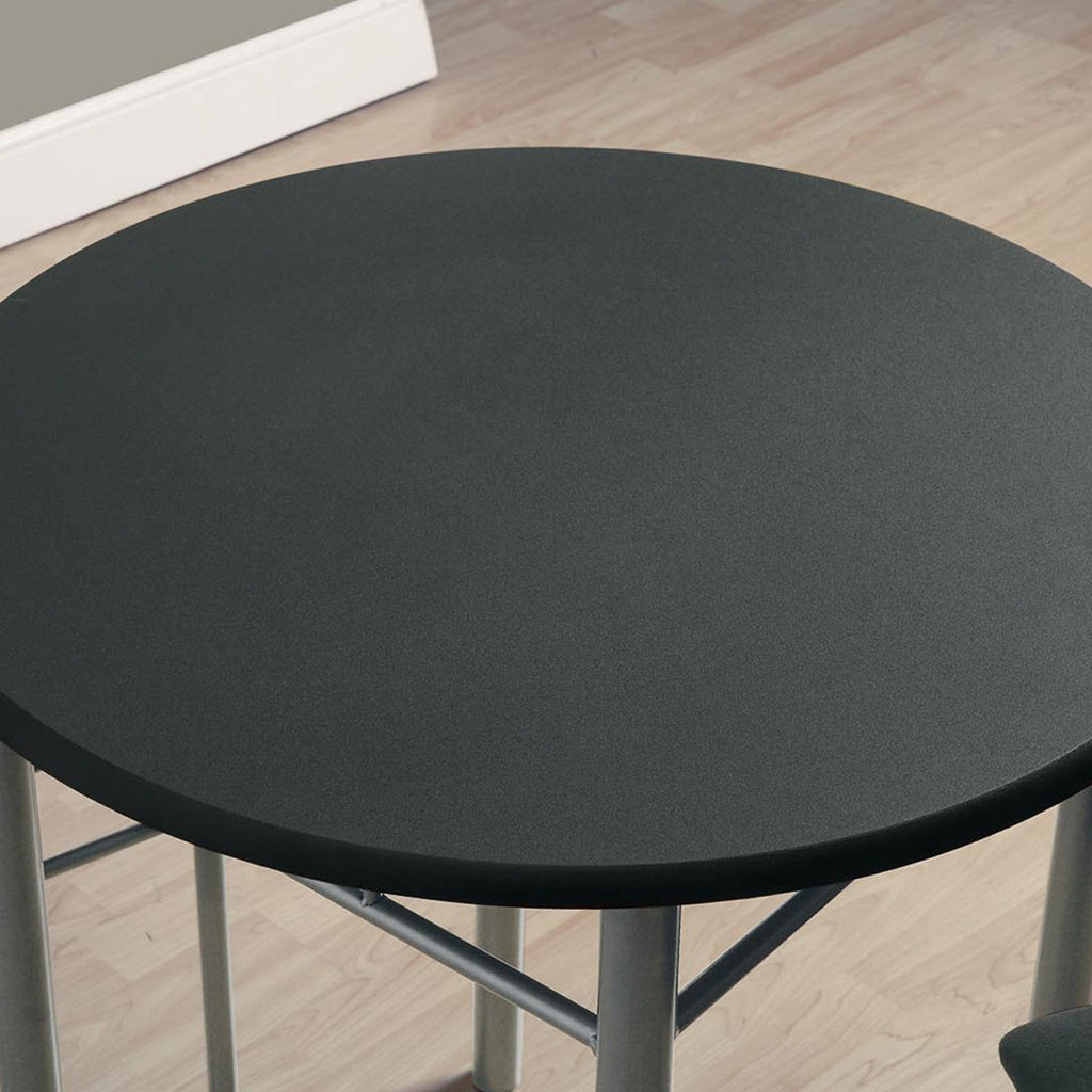 Sliver and Black Color Round Dining Set for 2, Round Dining Table & 2 Chairs, 333024 Brand: Homeroots, Table Size: 30inW x 30inD x 30inH, Chair Size: 16.5inW x 18.5inD x 36inH, Seat Height: 17.5in, Table Shape: Round, Material: MDF & Metal, Seating Capacity: Seats 2, Color: Black & Silver Color