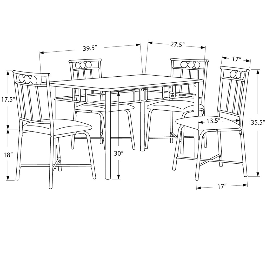 Rectangular Black Table With Metal Base, Leather Chairs, Set For 4, 332567 Brand: Homeroots, Table Size: 39.5inW x 27.5inD x 30inH, Chair Size: 13.5inW x 17.5inD x 35.5inH, Seat Height: 18in, Table Shape: Rectangular, Material: Polyurethane Board & Metal Base, Faux Leather With Metal Base Chairs, Seating Capacity: Seats 4, Color: Black