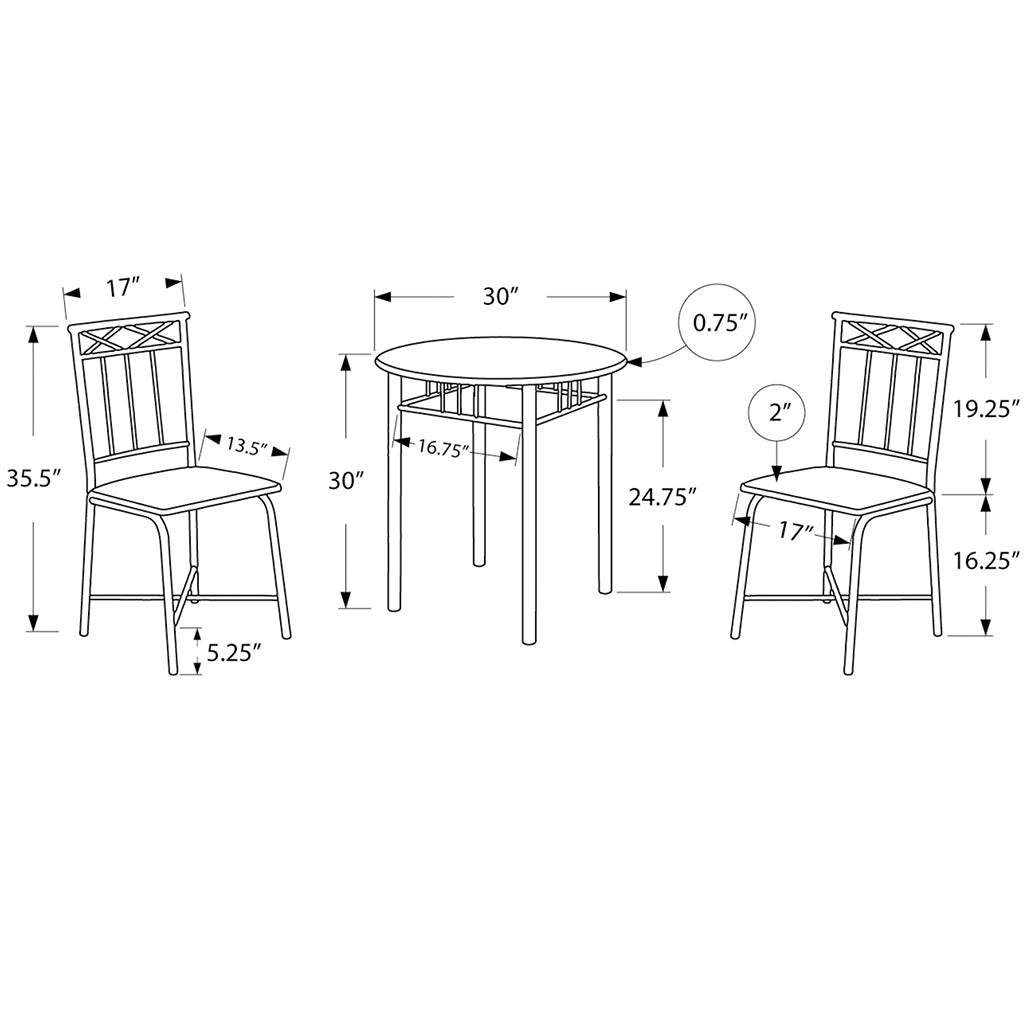 Round Dining Set, MDF Board Table, Metal Base, 2 Chairs Black, Foam Padded, 333009 Brand: Homeroots, Table Size: 30inW x 30inD x 30inH, Chair Size: 17inW x 19.25inD x 35.5inH, Seat Height: 16.25in, Table Shape: Round, Material: MDF Board & Metal Base, Foam Padded With Metal Base Chairs, Seating Capacity: Seats 2, Color: Black & Gray