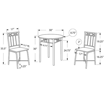 Round Dining Set, MDF Board Table, Metal Base, 2 Chairs Black, Foam Padded, 333009 Brand: Homeroots, Table Size: 30inW x 30inD x 30inH, Chair Size: 17inW x 19.25inD x 35.5inH, Seat Height: 16.25in, Table Shape: Round, Material: MDF Board & Metal Base, Foam Padded With Metal Base Chairs, Seating Capacity: Seats 2, Color: Black & Gray