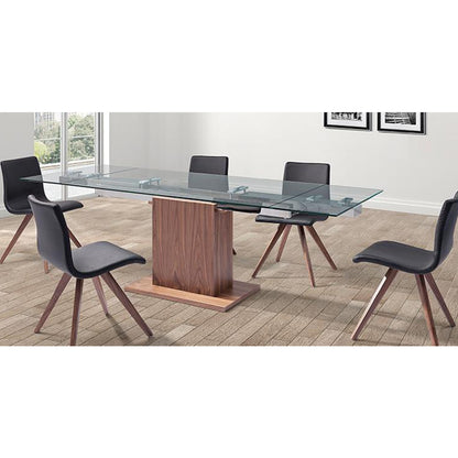 Whiteline Modern Living Pilastro | Extendable Glass Dining Table, Rectangular, 8 seater, 1/2" Tempered Clear Glass Top, Stainless Steel Frame, Walnut Veneer Base, DT1275-WLT Size: 63inW x 35inD x 30inH Extended: 95inW x 35inD x 30inH; Weight: 255lb; Shape: Rectangular Material: Top: 1/2" Tempered Clear Glass; Frame: Stainless Steel; Base: Walnut veneer  Seating Capacity: Seats 6-8 people; Color: Walnut Veneer Color