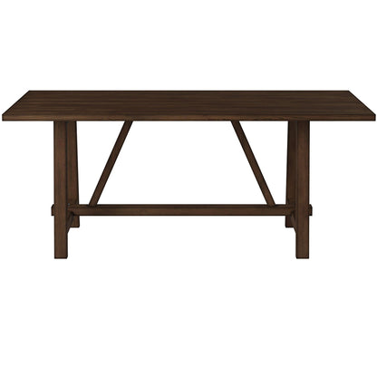 Arenda Farmhouse Dining Table, Trestle Style Table For 6, Rectangular, Rubberwood, Oak Veneer, 5672-01; Brand: Alpine Furniture; Size: 72inW x 40inD x 30inH Weight: 128lb; Shape: Rectangular; Material: Rubberwood Solids & Oak Veneer Seating Capacity: Seats 4-6 people; Color: Burnished Dark Oak