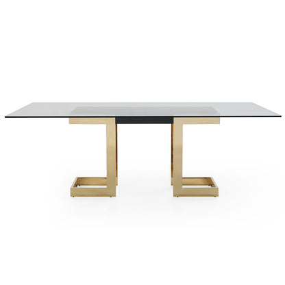 Gold Color Table, Dining, Rectangular, Glass Top, DT1658-BLK Brand: Whiteline Modern Living  Size: 87inW x 39inD x 30inH; Weight: 229lb  Shape: Rectangular; Material: Top: 1/2" Glass; Base: Gold Stainless Steel;  Seating Capacity: Seats 4-6 people; Color: Gold Color Base