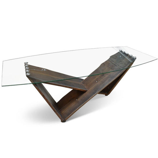 Maxima House Winik dining table featuring a live edge wood base and a sleek tempered glass top