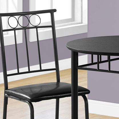 Black Compact Round Dining Set For 2, Dining Table & 2 Chairs Black Faux Leather, 332564, Brand: Homeroots, Table Size: 30inW x 30inD x 30inH, Chair Size: 17inW x 17.5inD x 35.5inH, Seat Height: 18in, Table Shape: Round, Material: Polyurethane Board & Metal Base, Faux Leather With Metal Base Chairs, Seating Capacity: Seats 2, Color: Black