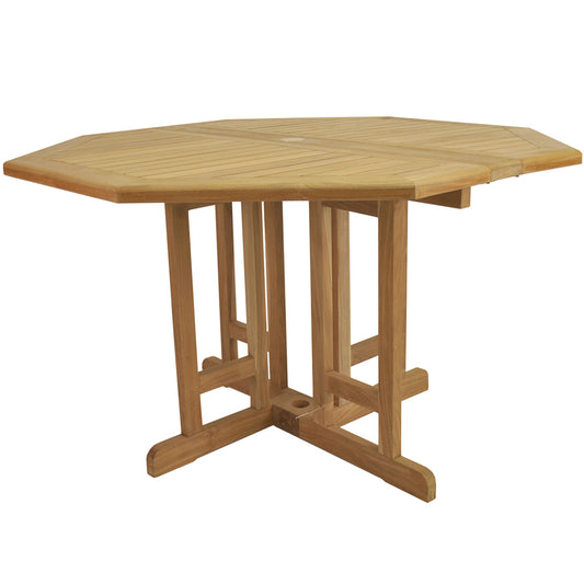 47" Octagon Table, Teak Wood Outdoor Table, TBF-120BO Brand: Anderson Teak; Size: 47inW x 47inD x 29inH Weight: 86lb; Shape: Octagonal; Material: Teak Wood Seating Capacity: Seats 4-6 people; Color: Neutral teak color; light wood
