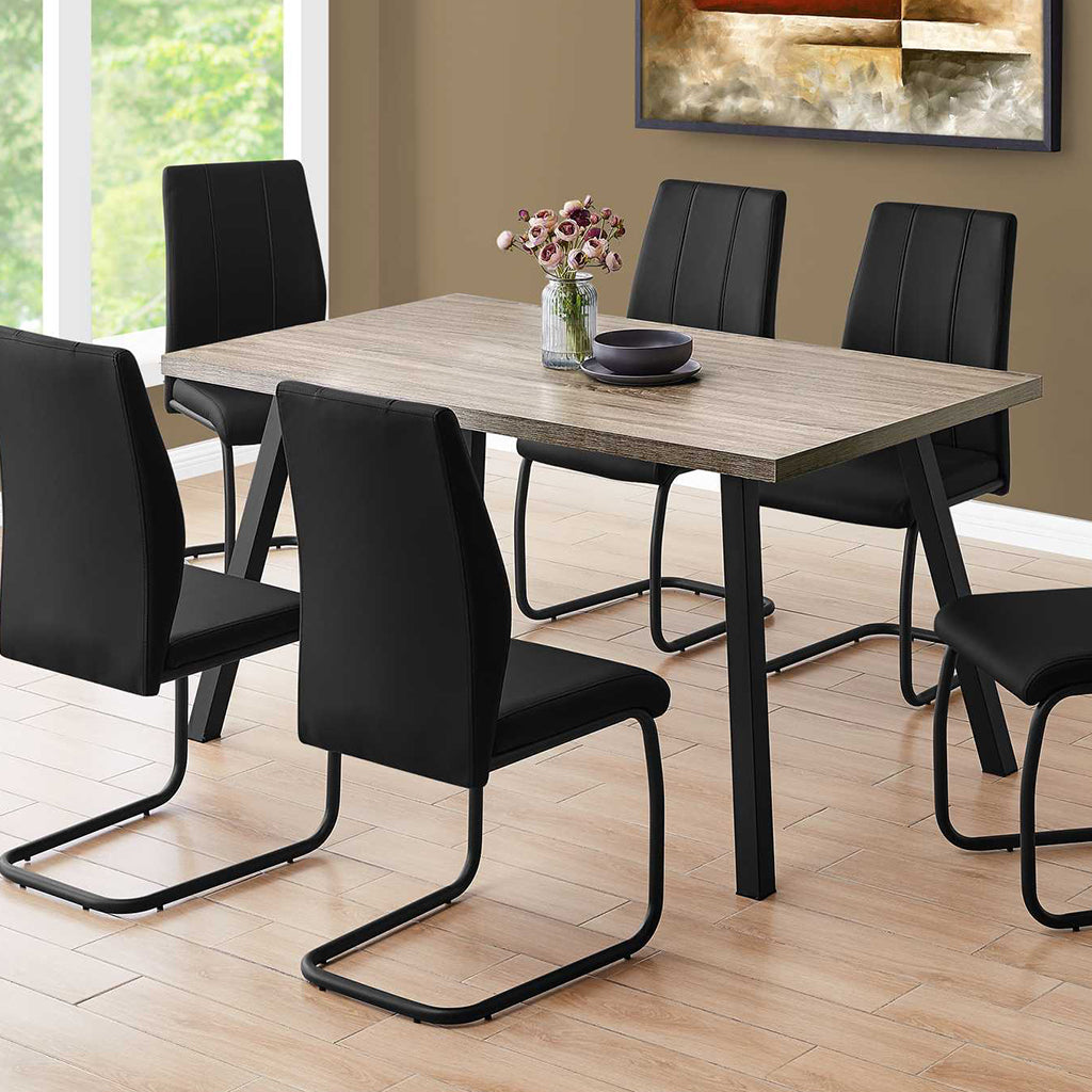 Rectangular Reclaimed Wood Top, Metal Legs Dining Table, Taupe, 4512839526089 Brand: Homeroots, Size: 60inW x  36inD x  31inH, Weight: 57lb, Shape: Rectangular, Material: Top: Reclaimed Wood, Legs: Metal, Seating Capacity: Seats 4-6 people, Color: Top:  Taupe, Base: Black