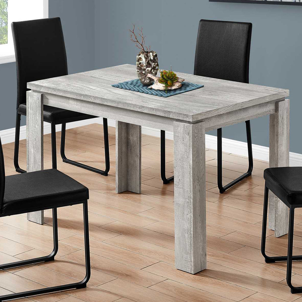  4 Seater Rectangular Dining Table, Reclaimed Wood, Gray Color, 4512839526027 Brand: Homeroots, Size: 47.25inW x  31.5inD x  30.5inH, Weight: 44lb, Shape: Rectangular, Material: Reclaimed Wood, Oak Finish, Seating Capacity: Seats 2-4, Color: Grey