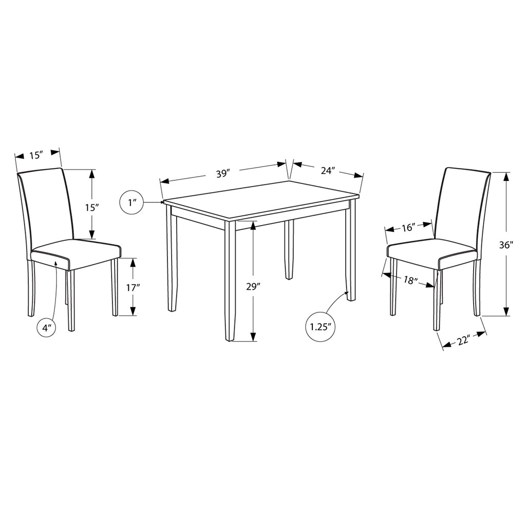 Dining Set For 2, Faux Leather Chairs, Wooden Table, Dark Brown Cappuccino, 332565 Brand: Homeroots, Table Size: 39inW x 24inD x 29inH, Chair Size: 16inW x 15inD x 36inH, Seat Height: 17in, Table Shape: Rectangular, Material: MDF & Solid Wood, Faux Leather Padded Seats With Wooden Base Chairs, Seating Capacity: Seats 2, Color: Cappuccino Brown