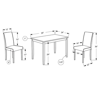 Dining Set For 2, Faux Leather Chairs, Wooden Table, Dark Brown Cappuccino, 332565 Brand: Homeroots, Table Size: 39inW x 24inD x 29inH, Chair Size: 16inW x 15inD x 36inH, Seat Height: 17in, Table Shape: Rectangular, Material: MDF & Solid Wood, Faux Leather Padded Seats With Wooden Base Chairs, Seating Capacity: Seats 2, Color: Cappuccino Brown