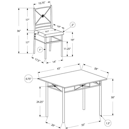 Black and Gray Dining Set, Rectangular Table & 4 Chairs, MDF & Metal Base, 332569 Brand: Homeroots, Table Size: 43inW x 28inD x 30inH, Chair Size: 16.5inW x 17inD x 36inH, Seat Height: 19in, Table Shape: Rectangular, Material: MDF & Metal Base, Faux Leather Seat With Metal Base Chairs , Seating Capacity: Seats 4, Color: Black & Gray 
