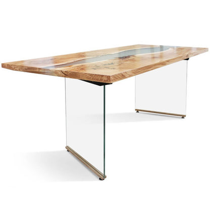 Banur-GL | Live Edge Glass Dining Table, Rectangular, Oak Wood Top Filled With Polymer Resin, 8 Seater, SCANDI089