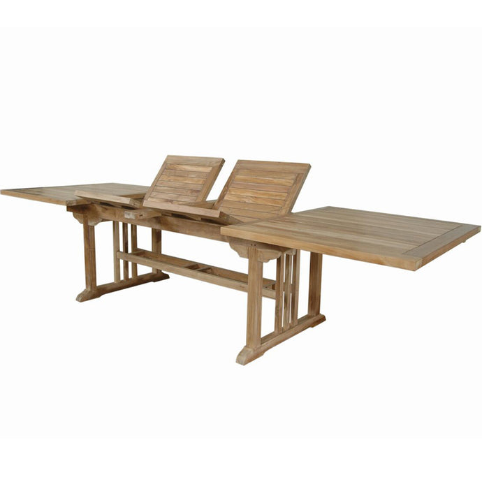 Double Extendable Table, Rectangular, Teak Wood Brand: Anderson Teak; Size: 126inW x 43inD x 29inH Weight: 190lb; Shape: Rectangular; Material: Teak Wood Seating Capacity: Seats 10-12 people; Color: Neutral teak color; light wood TBX-126RD