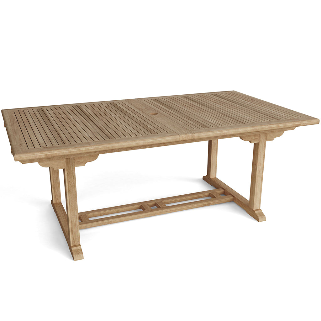 117" Table with Double Extensions, Rectangular, Teak Wood Brand: Anderson Teak; Size: 117inW x 43inD x 29inH Weight: 195lb; Shape: Rectangular; Material: Teak Wood Seating Capacity: Seats 10-12 people; Color: Neutral teak color; light wood TBX-117RD