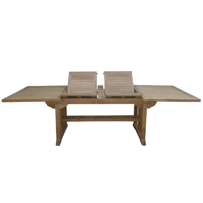 Sahara Teak Extendable Table, Extendable Dining Table Seats 12, Rectangular, TBX-106RD Brand: Anderson Teak; Size: 106inW x 43inD x 29inH Weight: 170lb; Shape: Rectangular; Material: Teak Wood Seating Capacity: Seats 10-12 people; Color: Neutral teak color; light wood