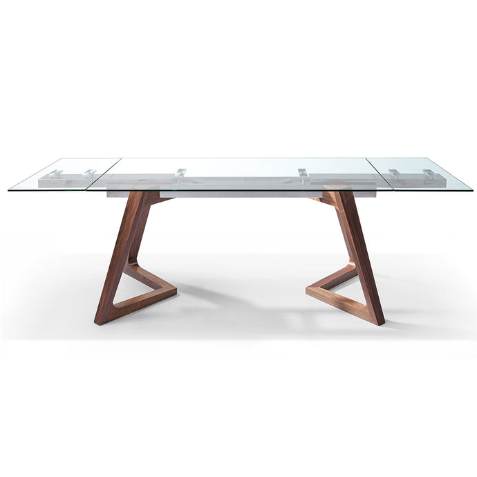 Glass Table For 6, Extendable, Rectangular, Glass Top, Stainless Steel Frame, Wooden Base Brand: Whiteline Modern Living Size: 63inW x 35inD x 30inH Extended: 95inW x 35inD x 30inH, Weight: 231lb, Shape: Rectangular Material: Top: 10mm Tempered Clear Glass, Frame: Stainless Steel, Base: Walnut Wood Seating Capacity: Seats 4-6 people, Color: Dark Wood, DT1276-WLT