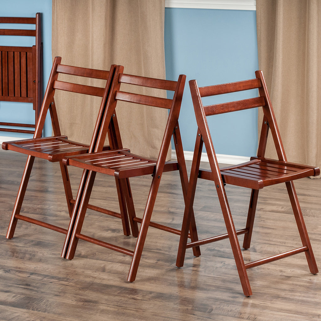 Robin Folding Chair, Set of 4, Brown Color, Walnut Wood, 94415 Brand: Winsome Wood, Size: 17.64inW x 20.10inD x 32.28inH, Seat height: 17.4in, Weight: 39lb, Material: Walnut Wood, Solid, Color: Dark Brown, Assembly Required: No! Weather Resistant: No