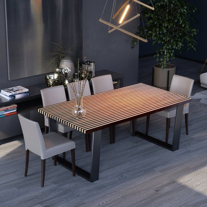 Genoa | Striped Top Dining Table, 8 Seater, Rectangular, Solid Oak Wood, MH005 Brand: Maxima House, Size: 74.4inW x  38.9inD x  29.5inH Weight: 175lb, Shape: Rectangular, Material: Top: Solid Oak Wood Seating Capacity: Seats 6-8 people, Color: Top: Brown & White , Base: Black