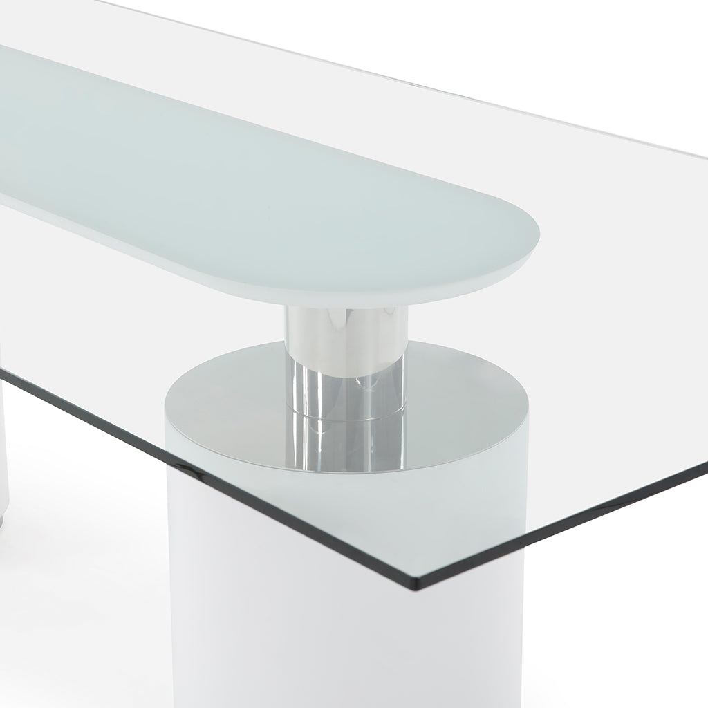 Mandarin | Modern Marble Dining Table, Extendable Glass Top, DT1660-WHT Size: 94inW x 39inD x 30inH; Weight: 372lb; Shape: Rectangular; Material: Top: 1/2" Tempered Glass; Base: Marble with Polished Stainless Steel Legs; Seating Capacity: Seats 6-8 people; Color: White Base