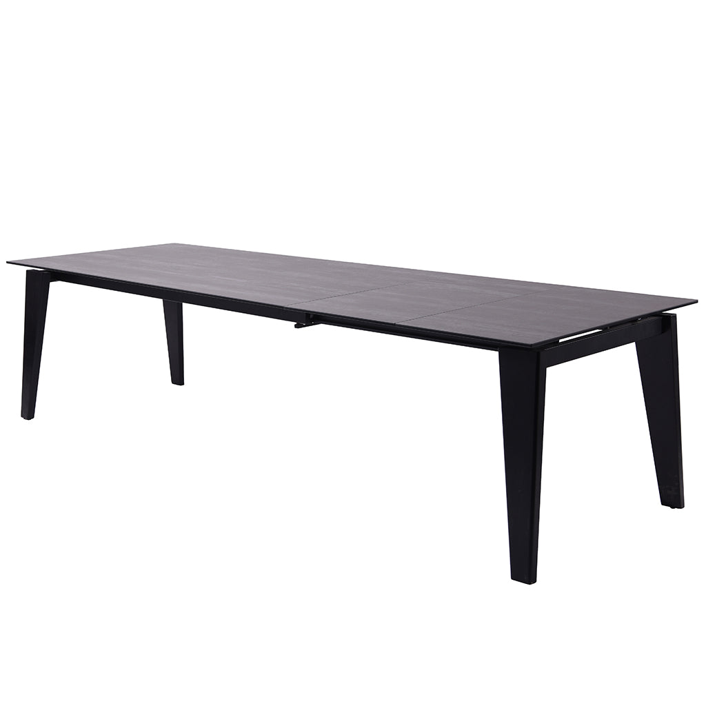 Theo | 10 Seater Dining Table, Adjustable Dining Table, Rectangular, Glass & Ceramic Top, Birch Wood Legs, DT1718-BLK Size: 71inW x 39inD x 30inH; Extended: 110inW x 39inD x 30inH Weight: 152lb; Shape: Rectangular Material: Top: Glass & Ceramic; Legs: Birch Wood Seating Capacity: Seats 8-10 people; Color: Black Color