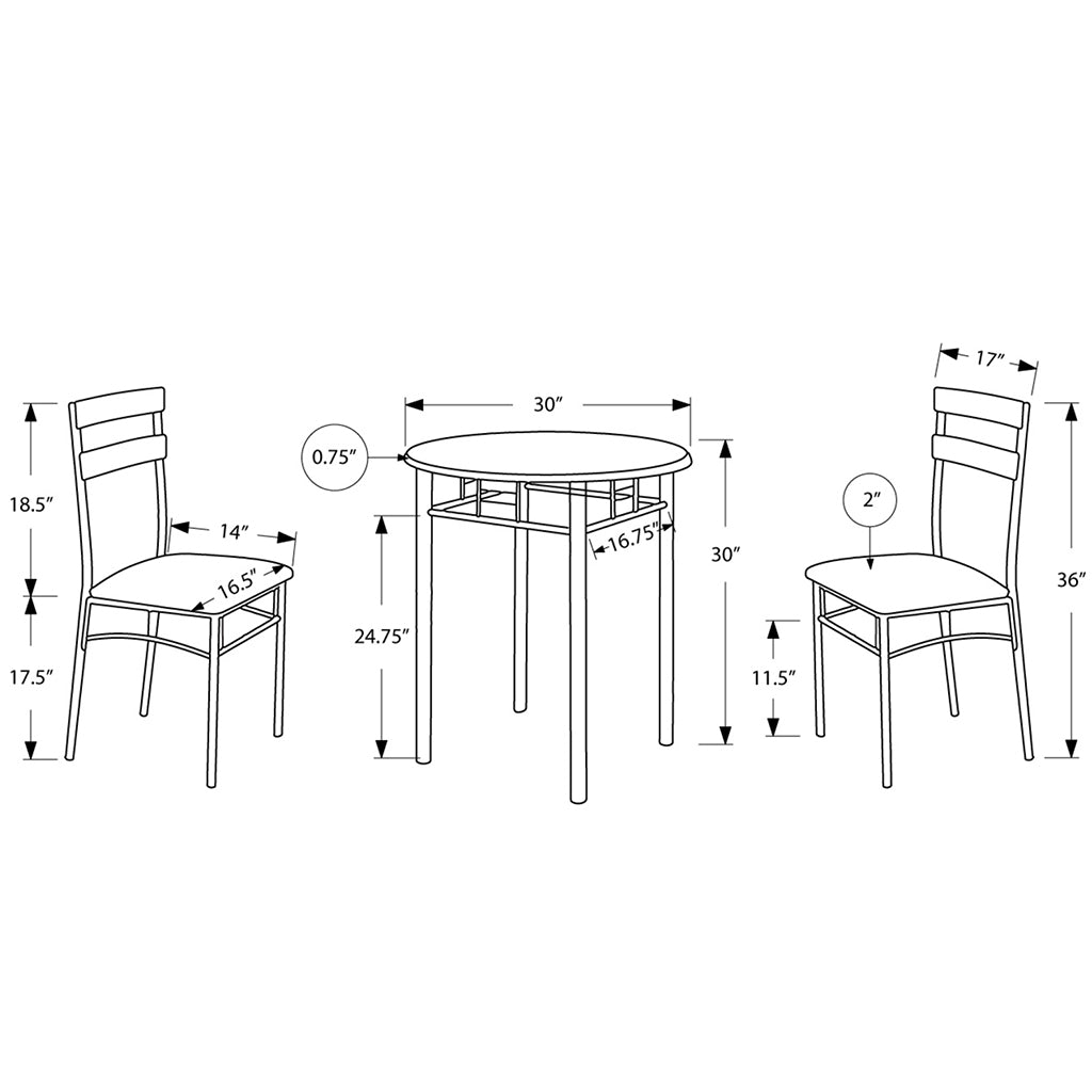 Sliver and Black Color Round Dining Set for 2, Round Dining Table & 2 Chairs, 333024 Brand: Homeroots, Table Size: 30inW x 30inD x 30inH, Chair Size: 16.5inW x 18.5inD x 36inH, Seat Height: 17.5in, Table Shape: Round, Material: MDF & Metal, Seating Capacity: Seats 2, Color: Black & Silver Color