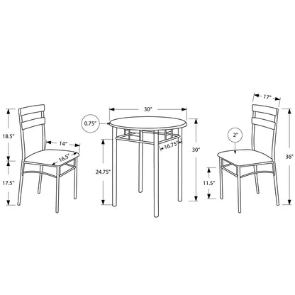 Sliver and Black Color Round Dining Set for 2, Round Dining Table & 2 Chairs, 333024 Brand: Homeroots, Table Size: 30inW x 30inD x 30inH, Chair Size: 16.5inW x 18.5inD x 36inH, Seat Height: 17.5in, Table Shape: Round, Material: MDF & Metal, Seating Capacity: Seats 2, Color: Black & Silver Color