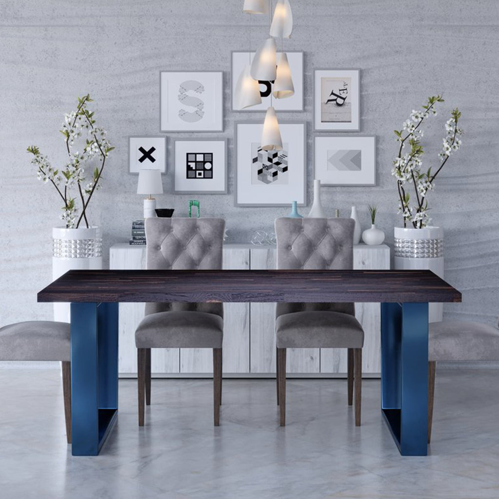 Milan | Table With U Shape Legs, Rectangular, Solid Oak Blue Table, MH004 Brand: Maxima House, Size: 74.4inW x  38.9inD x  29.5inH Weight: 188lb, Shape: Rectangular, Material: Top: Solid Oak Wood Seating Capacity: Seats 4-6 people, Color: Top: Dark Wood, Base: Blue