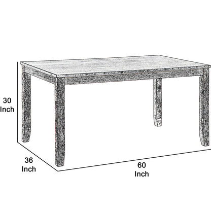 Benzara Dining Table, Rectangular, Wooden Chamfered Legs, Antique White and Brown, BM220909 Size: 60inW x 36inD x 30inH Weight: 74.75lb; Shape: Rectangular Material: Solid Wood, Engineered Wood and Veneer; Chemicals: Formaldehyde Seating Capacity: Seats 4-6 people; Color: White and Brown