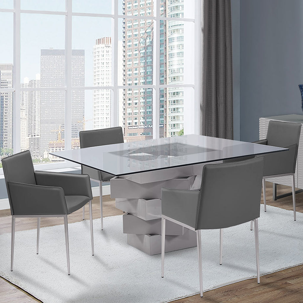 Carson | Glass Square Table, Geometric Base With Mirrors, DT1402-GRY  Brand: Whiteline Modern Living Size:  59inW x 59inD x 30inH; Weight: 298lb, Shape: Square, Material:  Top: 1/2in Clear Glass; Base: High gloss gray lacquer geometric base with mirrors Seating Capacity: Seats 2-4 people; Color: Gray