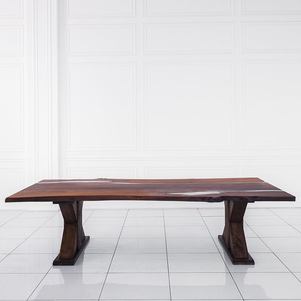 Mars Pear Tree Wood With Polymer Resin Live Edge Trestle Table, MHM010 Brand: Maxima House, Size: 110inW x  55inD x  29.5inH, Weight: 498lb, Shape: Rectangular, Live Edge, Material: Solid Pear Tree Wood filled with Polymer Resin, Seating Capacity: Seats 8-10 people, Color: Natural Wood Color