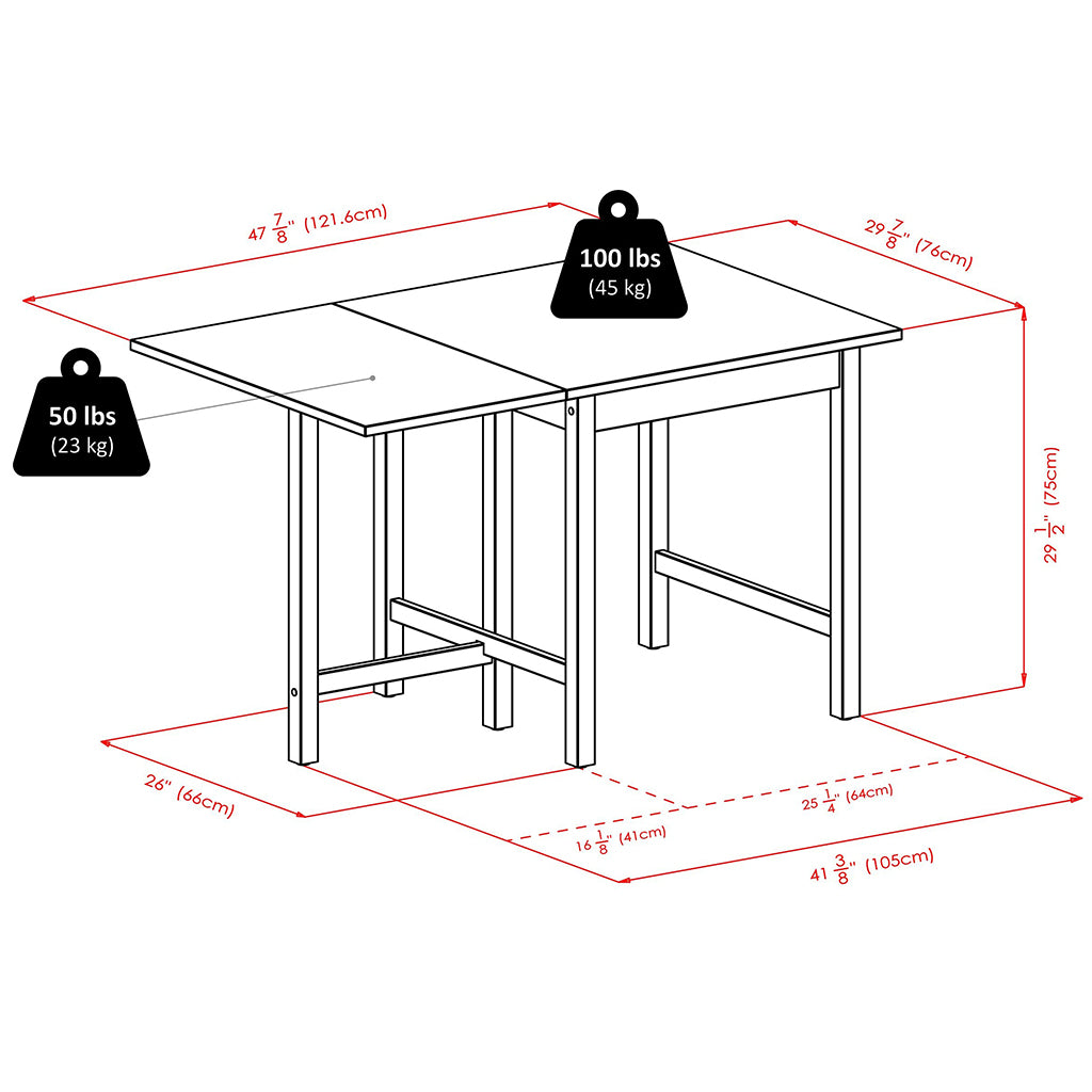 Winsome Lynden Drop Leaf Dining Table, Rectangular, Walnut Wood Finish 94048; Size: 30inW x 30inD x 29.53inH, Extended: 48inW x 30inD x 29.53inH, Weight: 50lb, Shape: Rectangular, Material: Walnut Wood Finish, Seating Capacity: Seats 4-6 people, Color: Dark wood color, Assembly Required: Yes, Avoid Power Tools! Weather Resistant: No