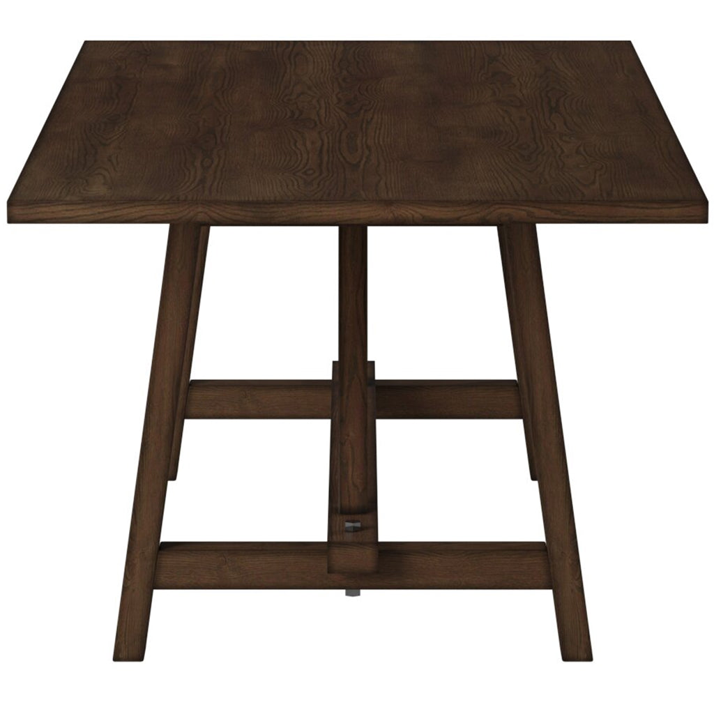 Arenda Farmhouse Dining Table, Trestle Style Table For 6, Rectangular, Rubberwood, Oak Veneer, 5672-01; Brand: Alpine Furniture; Size: 72inW x 40inD x 30inH Weight: 128lb; Shape: Rectangular; Material: Rubberwood Solids & Oak Veneer Seating Capacity: Seats 4-6 people; Color: Burnished Dark Oak