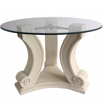 Glass Entry Table, Round, Limestone Base, Glass Top TB-G3429-42 Brand: Anderson Teak  Size: 34inW x 34inD x 29inH (Base); 42″W 42″W (Glass Top) Weight: 150lb; Shape: Round; Material: Base: Limestone ; Top: 3/8" thick glass; Color: White Natural Limestone Color