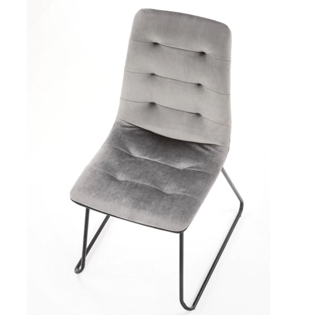 Gray dining room chairs with gray fabric upholstery and powder-coated steel legs