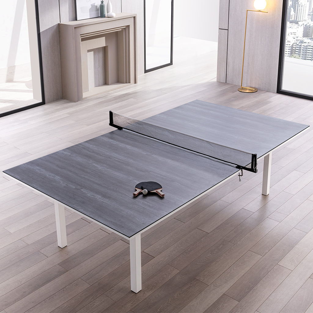 Have fun with our dining and table tennis table! Ping pong set included. Ping pong dining table modern indoor table. Dining table ping pong set included. Brand: Whiteline Modern Living; Size: 108inW x 60inD x 30inH; Weight: 440lb; Shape: Rectangular; Material: Top: Ceramic Glass; Frame and Legs: Metal Seating Capacity: Seats 6-8 people; Color: White, DT1700TT-WHT