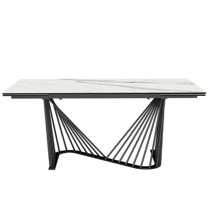 Roma | Black And White Extendable Dining Тable, Rectangular, Glass And Ceramic Top, Metal Base, DT1633E-WHT Brand: Whiteline Modern Living Size: 71inW x 35inD x 30inH, Extended: 102inW x 35inD x 30inH Weight: 225lb, Shape: Rectangular Material:  Top: Glass & White Ceramic, Base: Black Powder quoted metal base Seating Capacity: Seats 6-8 people, Color: White Top, Black Base