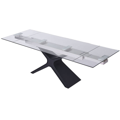 West | Modern Glass Metal Expandable Dining Table, Rectangular, X Base, DT1716-BLK Size: 63inW x 35inD x 30inH; Extended: 95inW x 35inD x 30inH Weight:  233lb; Shape: Rectangular Material: Top: 0.4in Tempered Clear Glass; Legs:  Sanded Black Metal Seating Capacity: Seats 6-8 people; Color: Sanded Black Color