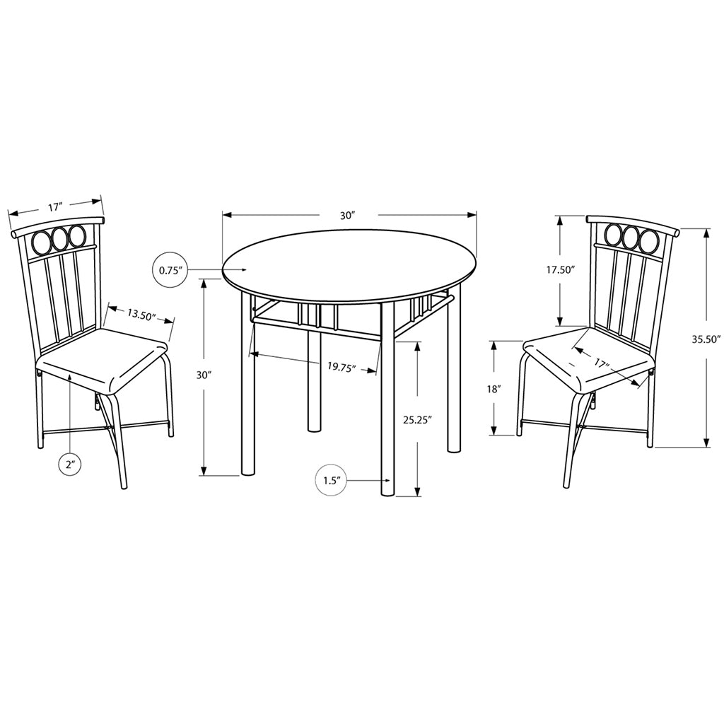 Black Compact Round Dining Set For 2, Dining Table & 2 Chairs Black Faux Leather, 332564, Brand: Homeroots, Table Size: 30inW x 30inD x 30inH, Chair Size: 17inW x 17.5inD x 35.5inH, Seat Height: 18in, Table Shape: Round, Material: Polyurethane Board & Metal Base, Faux Leather With Metal Base Chairs, Seating Capacity: Seats 2, Color: Black