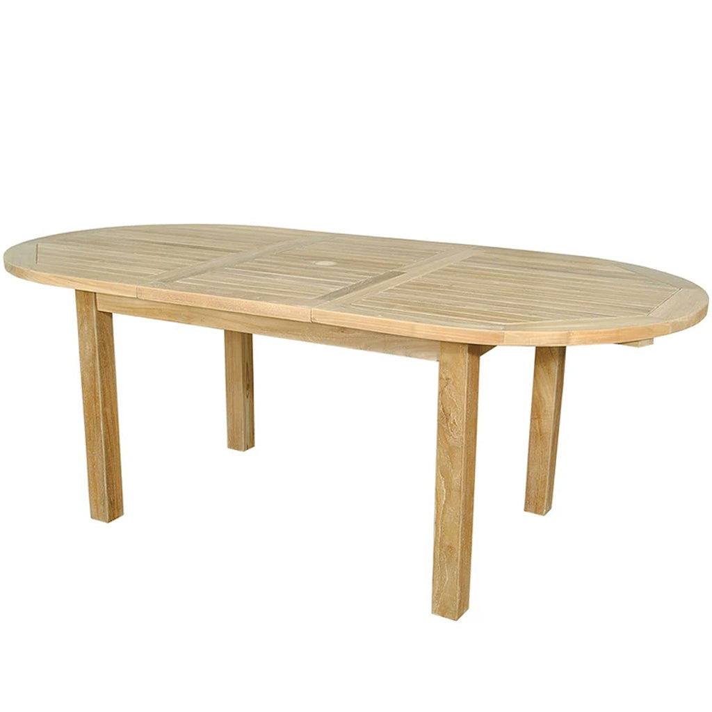 Bahama | 78" Extendable Teak Dining Table For Outdoor Use, Oval, TBX-079V Brand: Anderson Teak; Size: 78inW x 39inD x 29inH Weight: 140lb; Shape: Oval; Material: Teak Wood Seating Capacity: Seats 6-8 people; Color: Neutral teak color; light wood