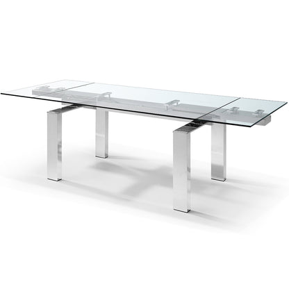 Cuatro | Extendable Rectangular Dining Table, Tempered Glass Table Top, Stainless Steel Base, DT1234  Brand: Whiteline Modern Living  Size: 63inW x 35inD x 30inH; Extended: 98inW x 35inD x 30inH Weight: 272lb, Shape: Rectangular Material: Top: 1/2" Tempered Clear Glass, Aluminum plates, Base: Stainless Steel;  Seating Capacity: Seats 6-8 people; Color: Stainless Steel Color