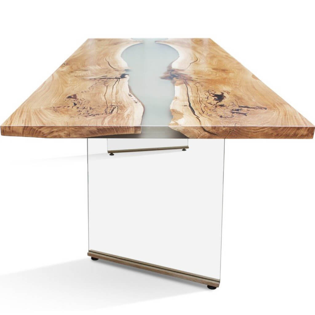 Banur-GL | Live Edge Glass Dining Table, Rectangular, Oak Wood Top Filled With Polymer Resin, 8 Seater, SCANDI089