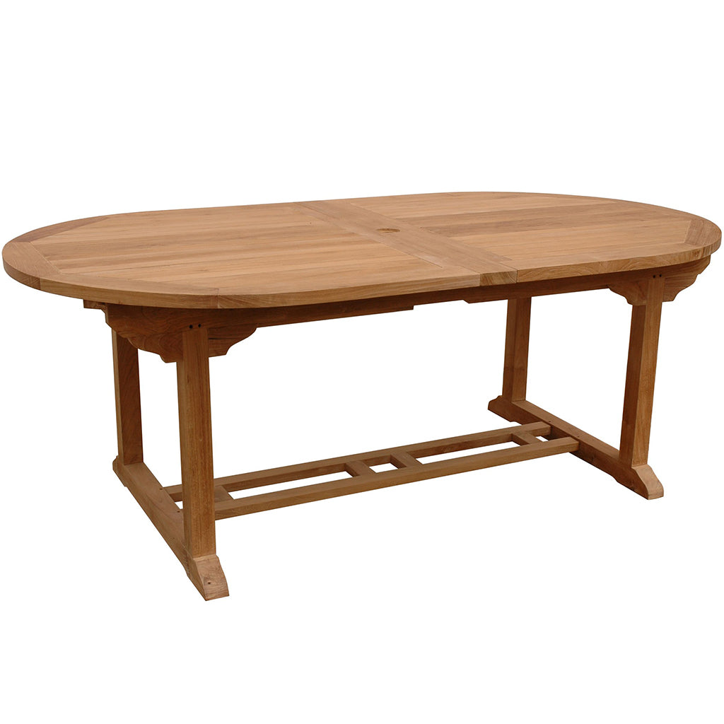 Extendable Dining Table Seats 10, Outdoor Table, TBX-117VD Brand: Anderson Teak; Size: 117inW x 43inD x 29inH Weight: 185lb; Shape: Oval; Material: Teak Wood Seating Capacity: Seats 10 people; Color: Neutral teak color; light wood